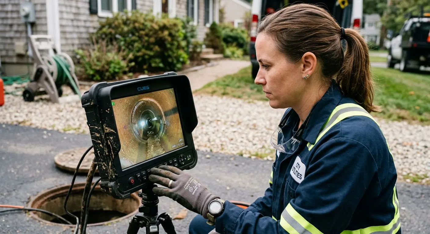 Technician reviewing sewer camera inspection footage in Port Lavaca
