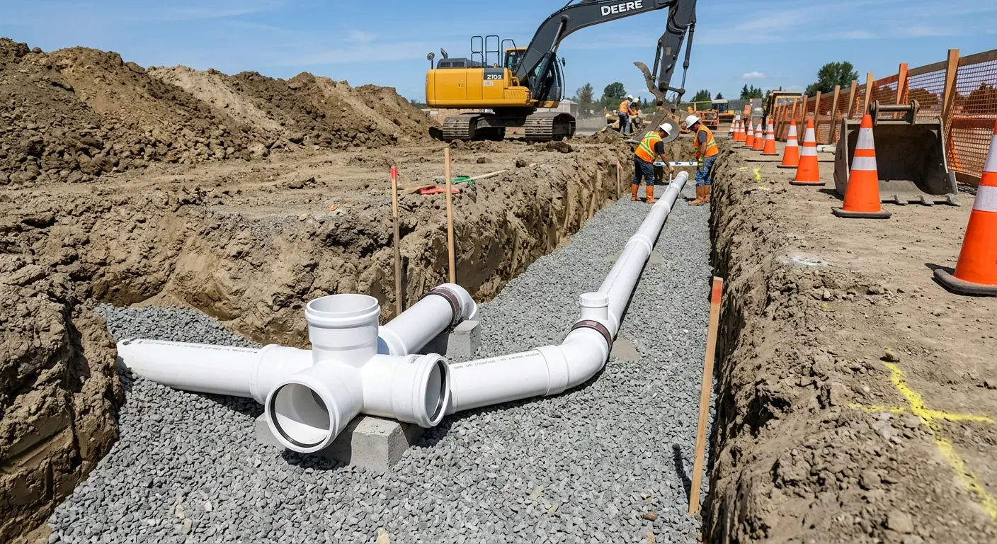 New PVC sewer pipe installation in open trench for Sewer Backup in Port Lavaca