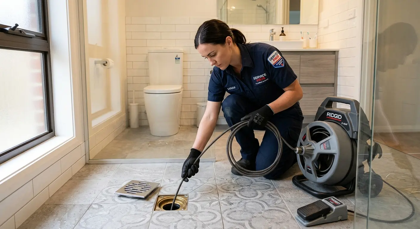 Technician clearing a bathroom floor drain for Drain Repair in Port Lavaca